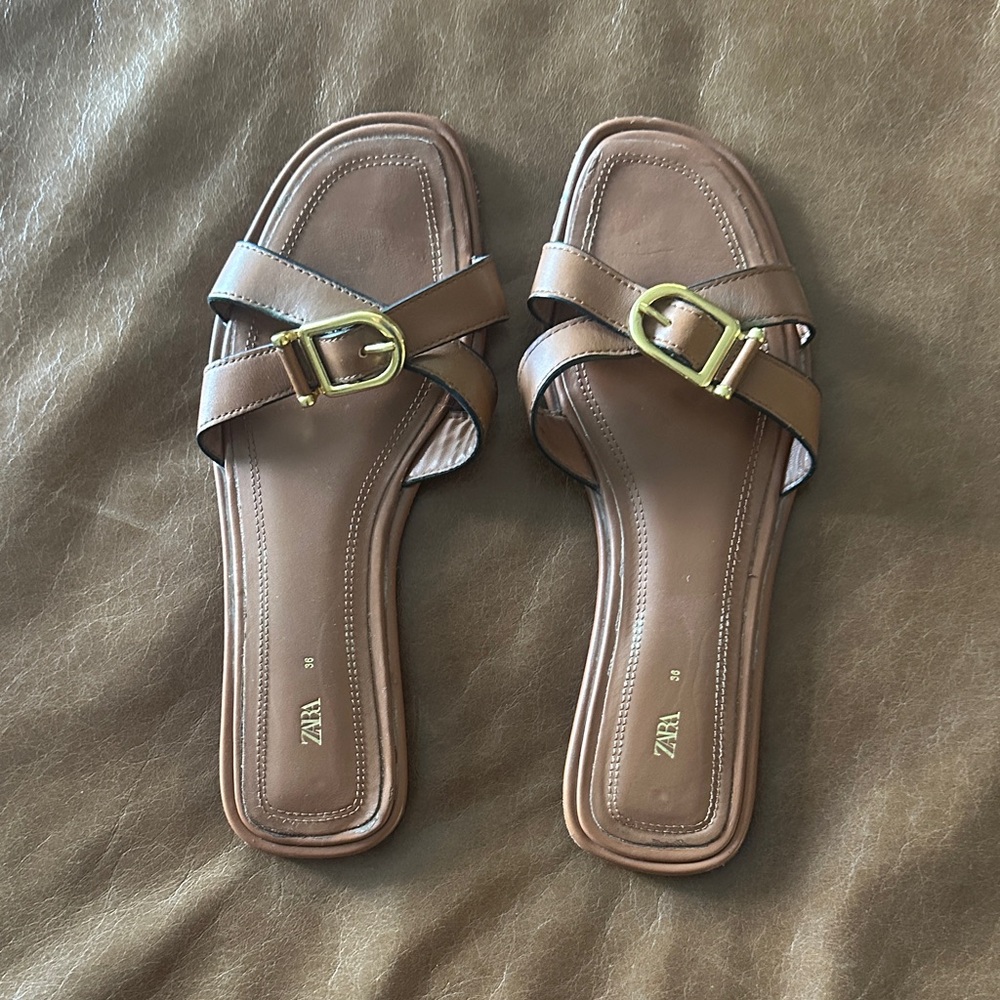 Zara Tan Leather Buckle Sandals
